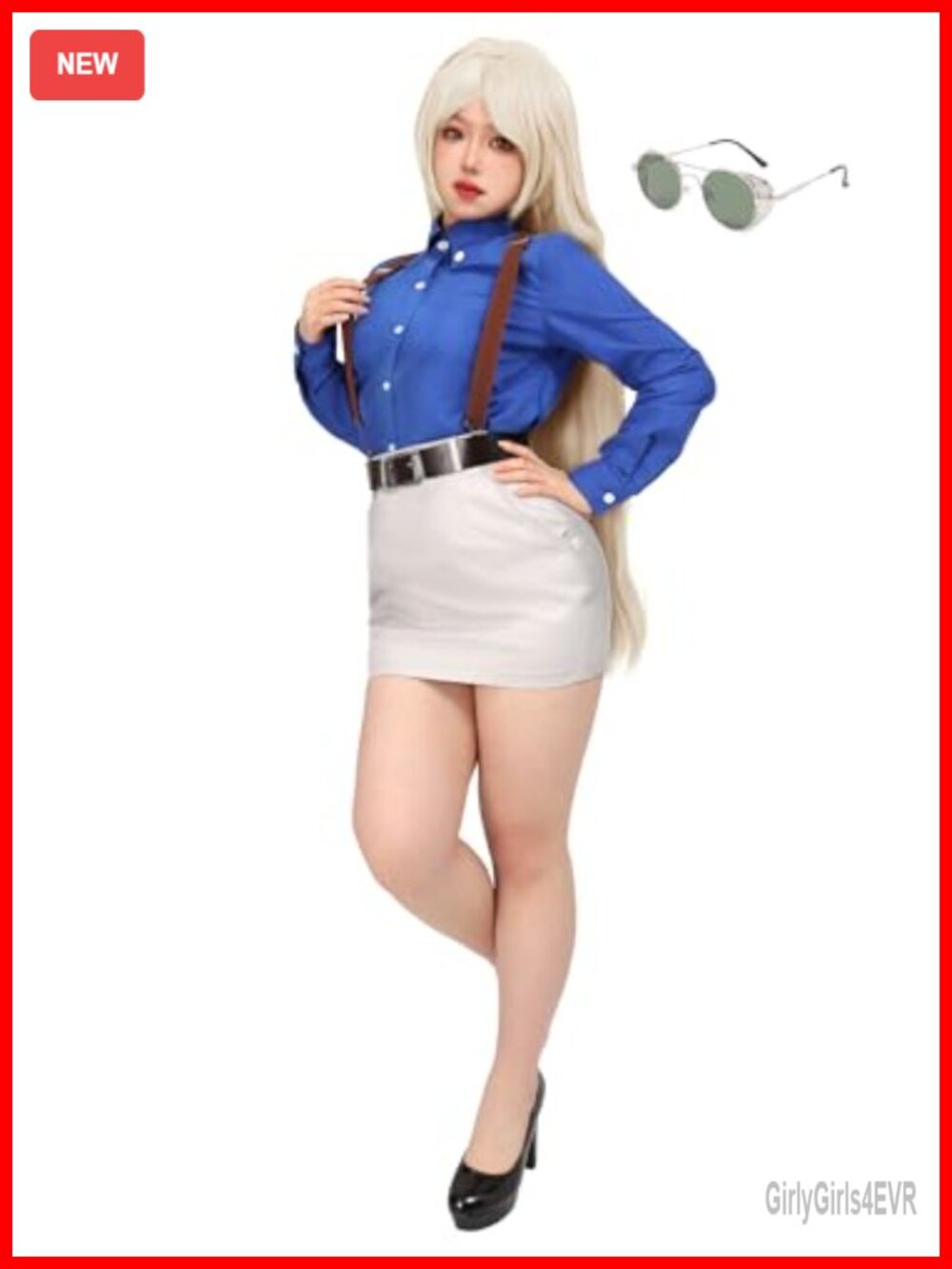 Anime Cosplay Costume Shirt Skirt Suspender Tie Glasses 5 Piece Set